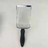 A stainless steel cat litter scoop with a mesh basket and a black handle.