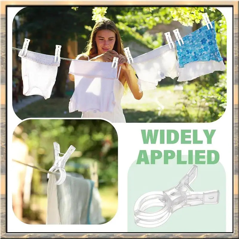 A woman is hanging fabric banners on a line outdoors, demonstrating transparent spring clamps for balloon arches.