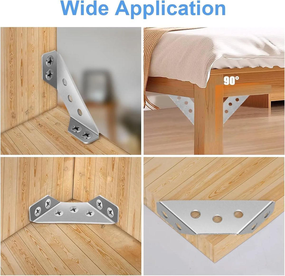 L-shaped corner brackets used to secure wood panels and metal components in various applications.