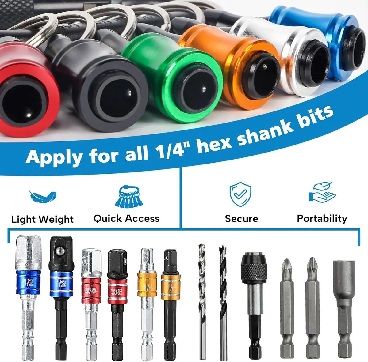 A collection of 12 hexagonal shank bits and a socket bit holder keychain extension bar.