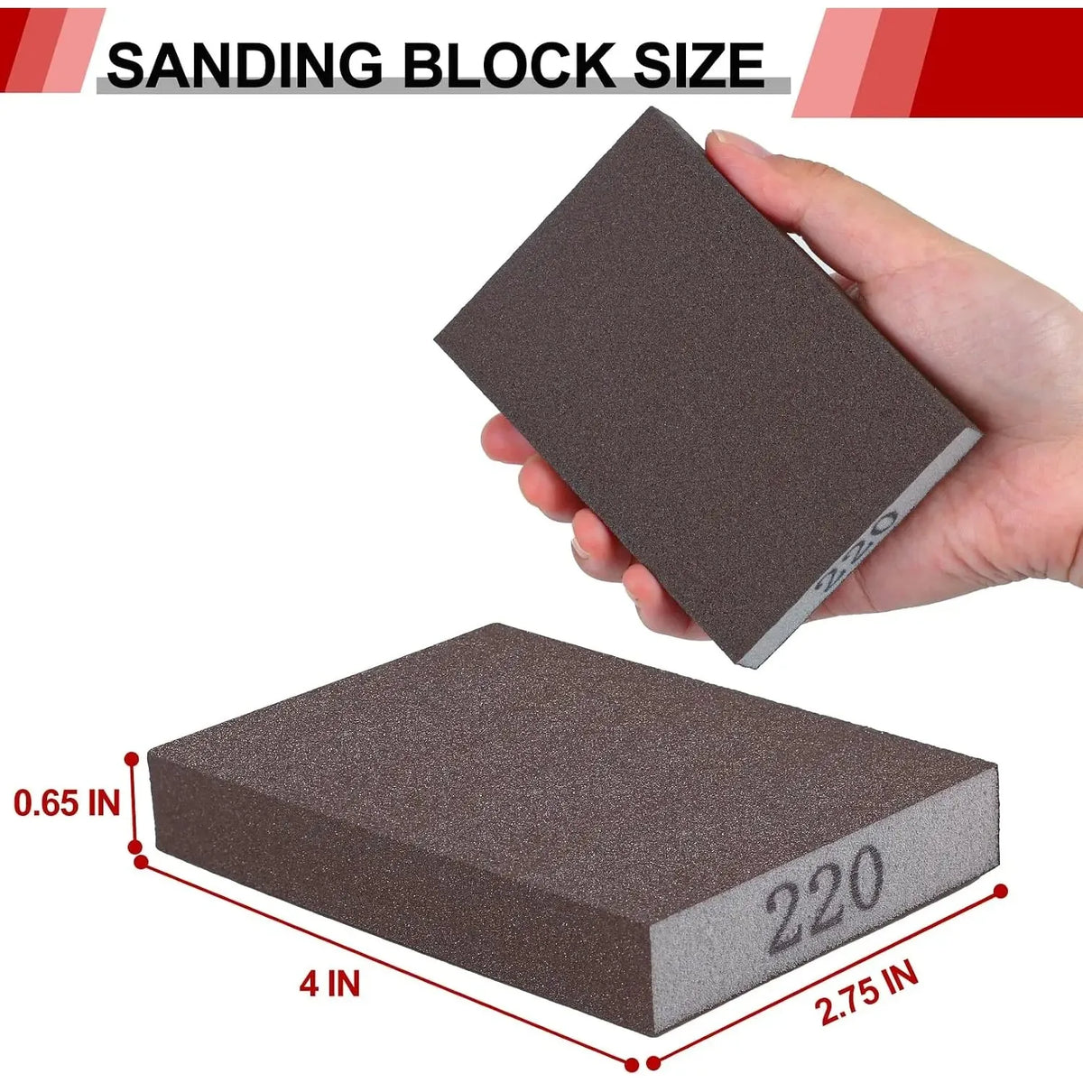A hand holds a rectangular sanding block with dimensions 4 in by 2.75 in and a thickness of 0.65 in.