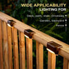 Close-up of a solar LED outdoor light fixture mounted on a wooden fence railing for wide applicability lighting.