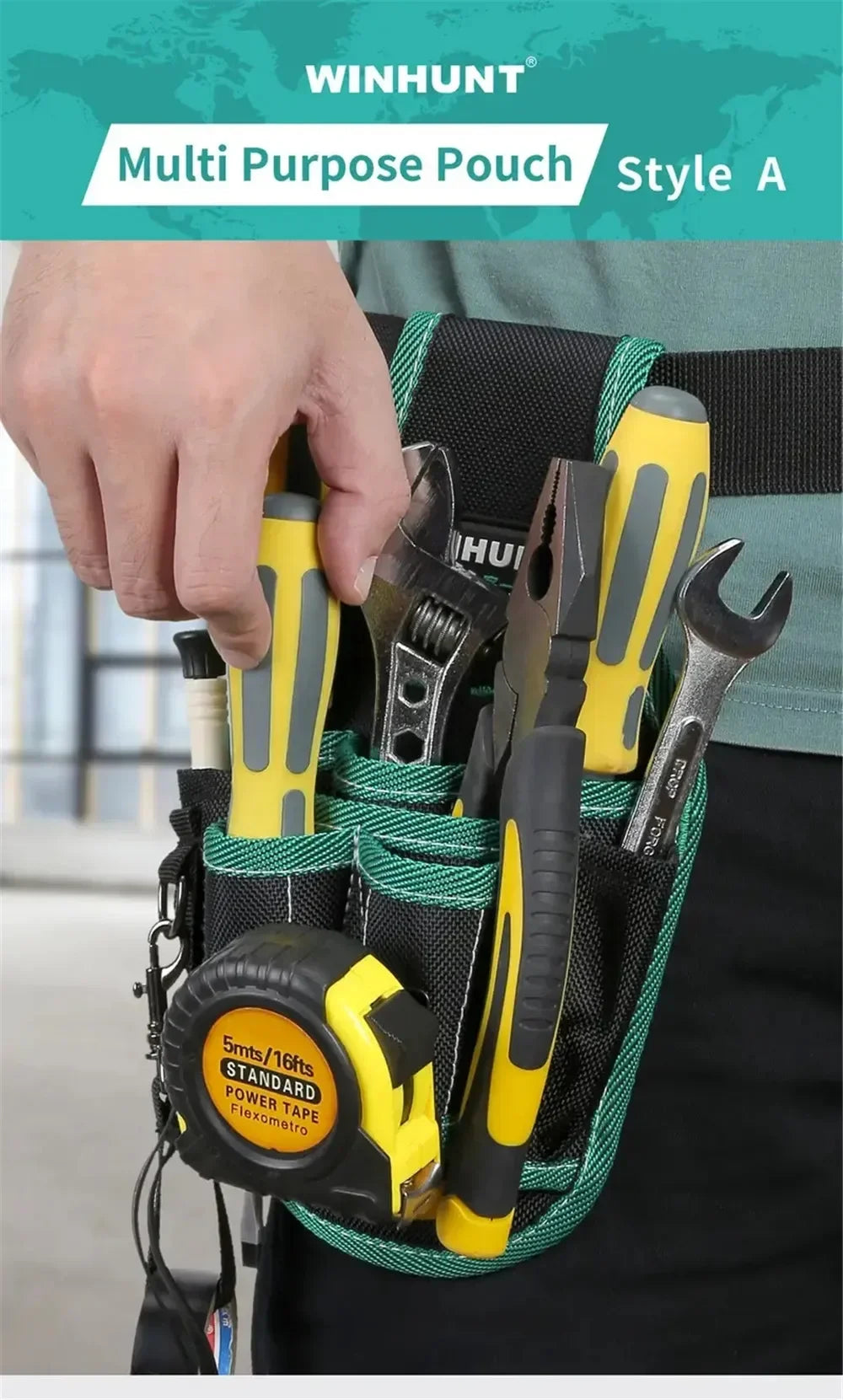 A hand is shown placing various tools like pliers and a screwdriver into a green multi-purpose pouch on a tool belt.