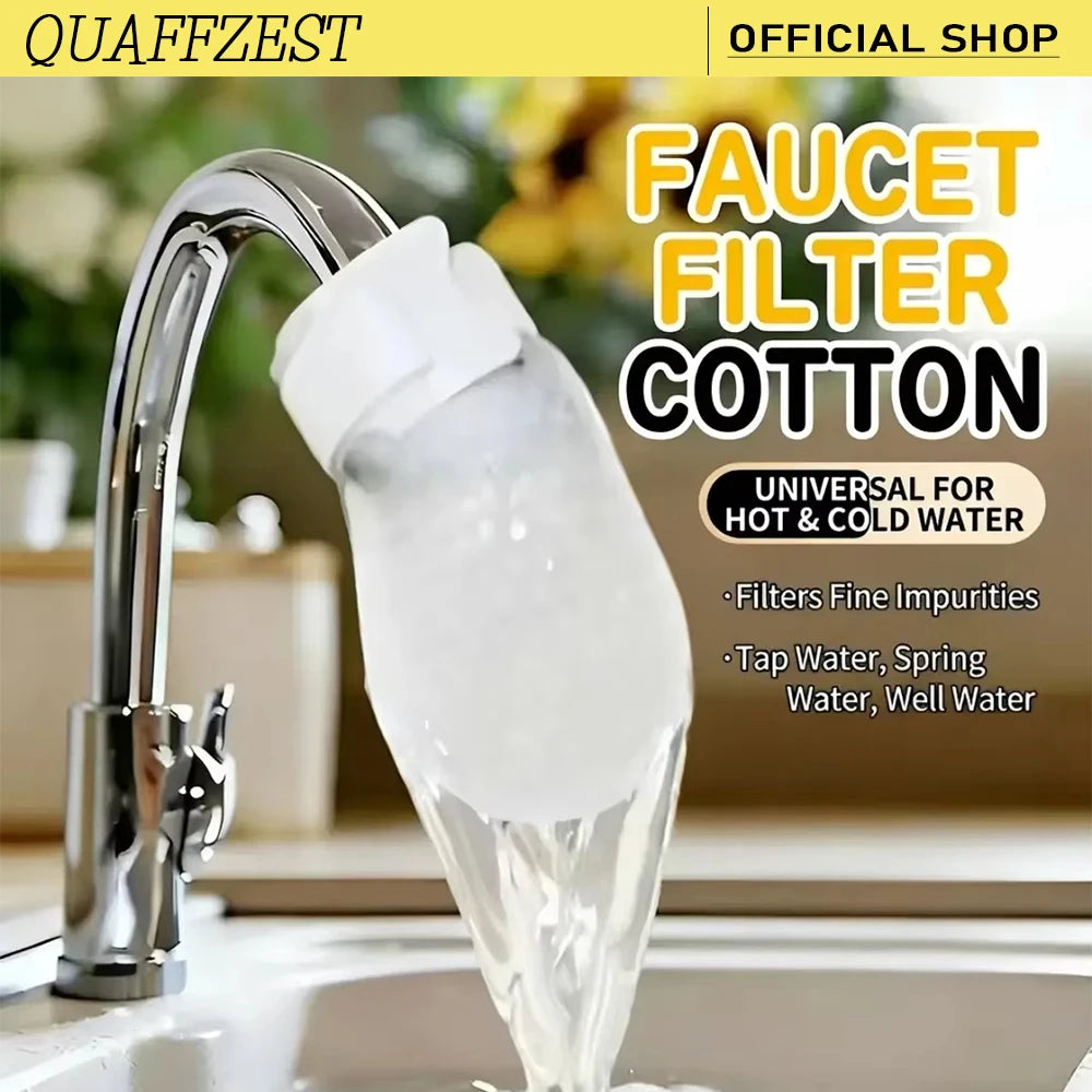 A faucet filter cotton sleeve is shown being used to filter water from a kitchen faucet.