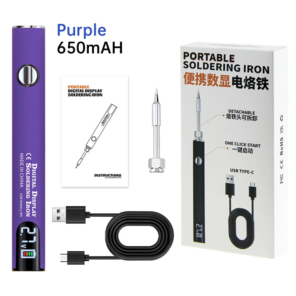 Fer à souder portable violet de 650mAh avec câble USB Type-C et instructions
