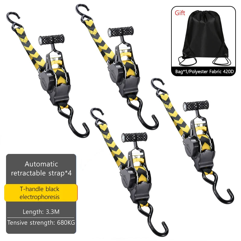 Set of four black and yellow heavy duty retractable ratchet straps with T-handles for cargo