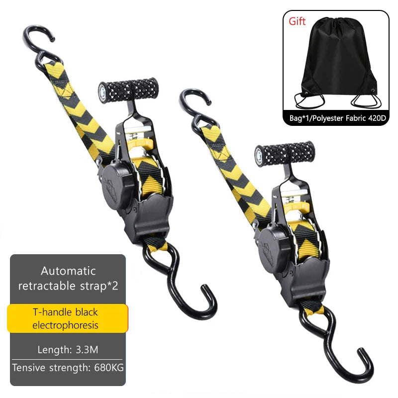 Black and yellow heavy duty retractable ratchet straps with T-handles for cargo