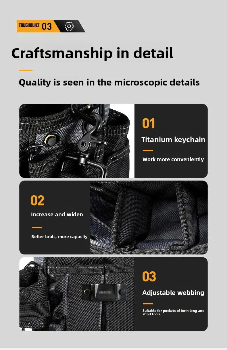 Close-up details of a black tool belt showing titanium keychain, increased capacity, and adjustable webbing.