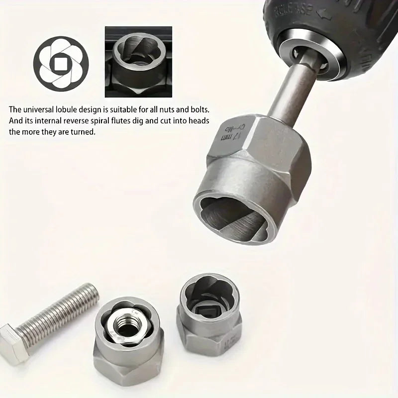 An impact socket set featuring a universal lobe design and various sized nuts and bolts.