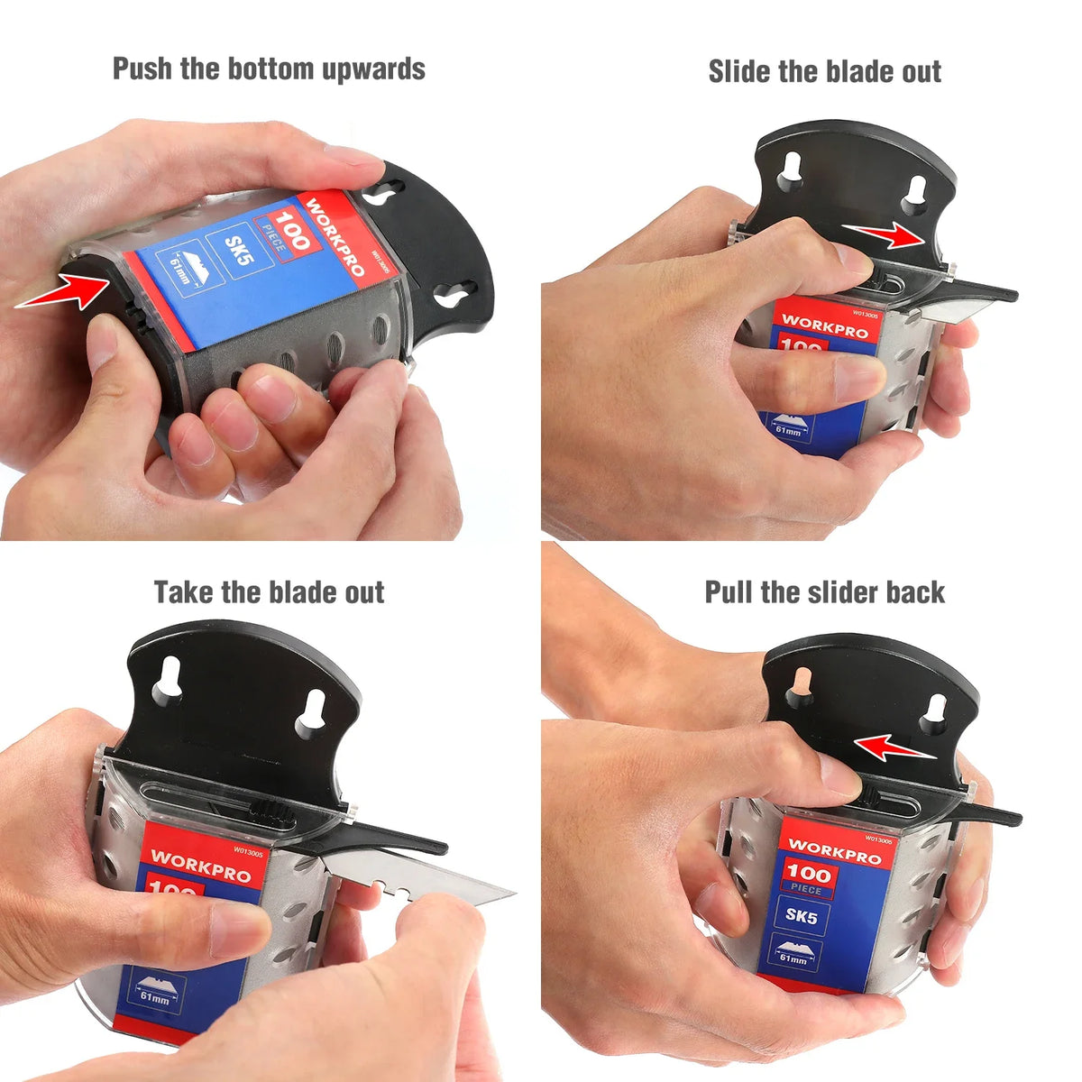 Démonstration de la manière de pousser, glisser et retirer la lame d'un cutter utilitaire WorkPro 100.