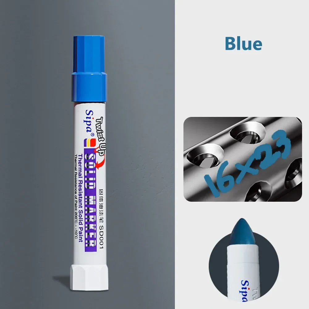A blue Solid Paint Marker pen shown vertically against a gray background with an inset showing the tip size.