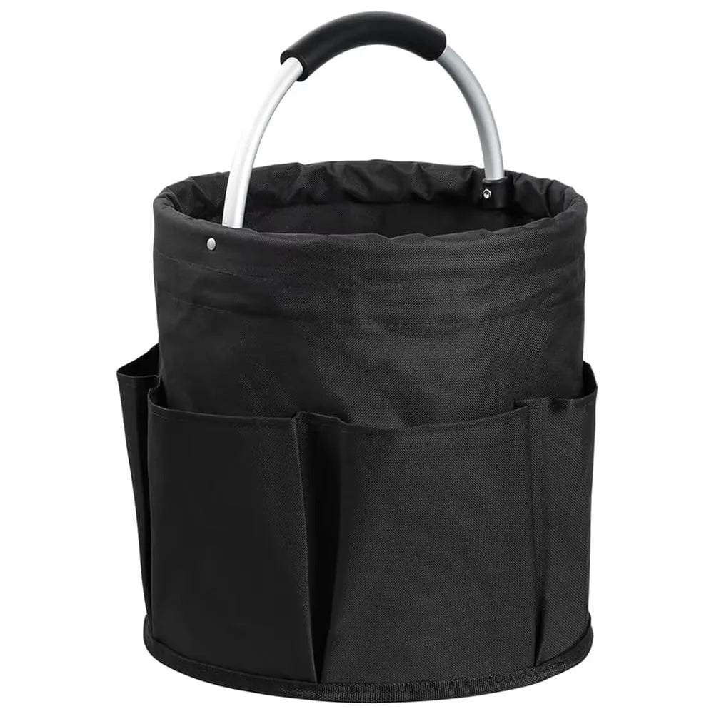 A black large folding storage organizer basket with a handle.