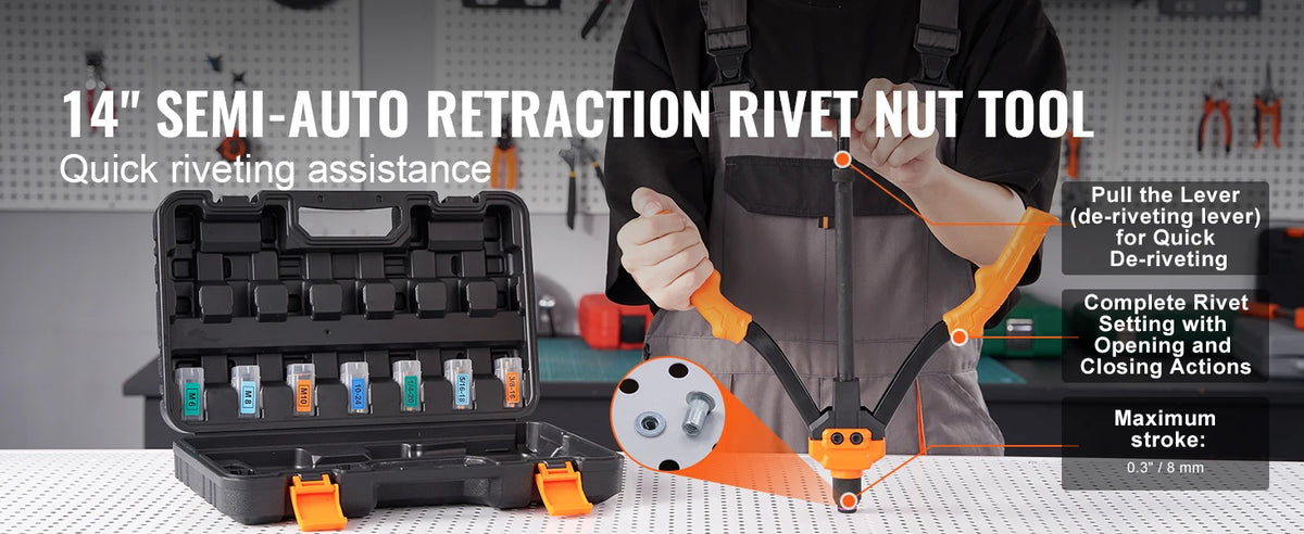 A person holds a 14 inch semi-auto retraction rivet nut tool kit for quick riveting assistance.