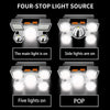 Vier-stufige Lichtquelle, die verschiedene Beleuchtungsmodi zeigt: Hauptlicht an, Seitenlichter an, fünf Lichter an und POP-M