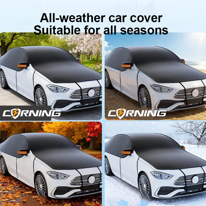 Black all-weather car cover fitted onto a white car, shown in various outdoor settings.