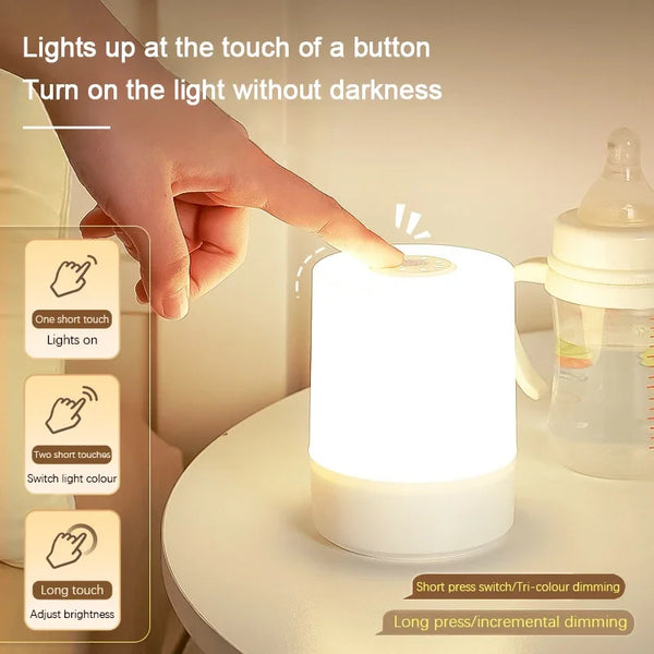 A hand turns on a white LED desk lamp using various touch methods, demonstrating short and long press functions.