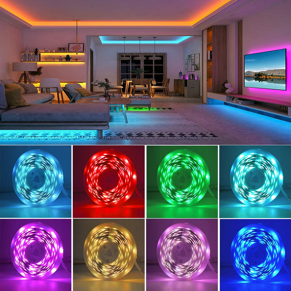 A grid showing various circular flexible RGB LED strip lights in different colors and patterns.