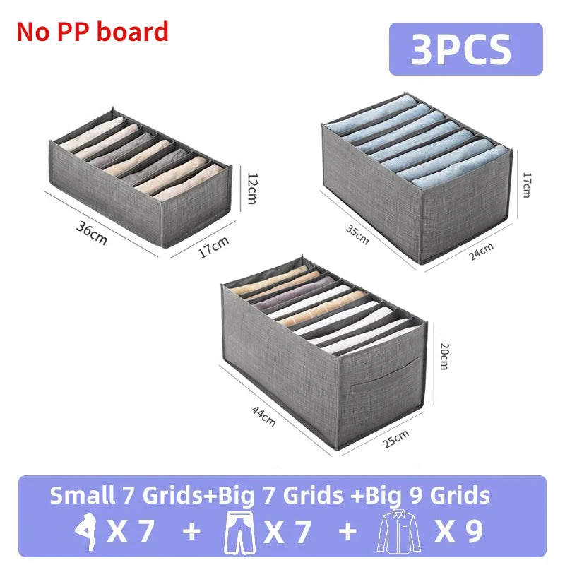 Three fabric storage organizer boxes in gray and blue, featuring 7 grids, 7 grids, and 9 grids.