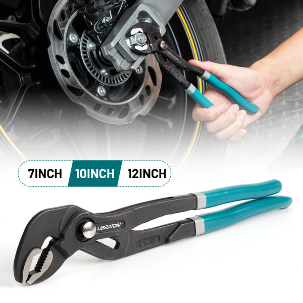 A set of adjustable water pump pliers in black and teal, shown next to size indicators.