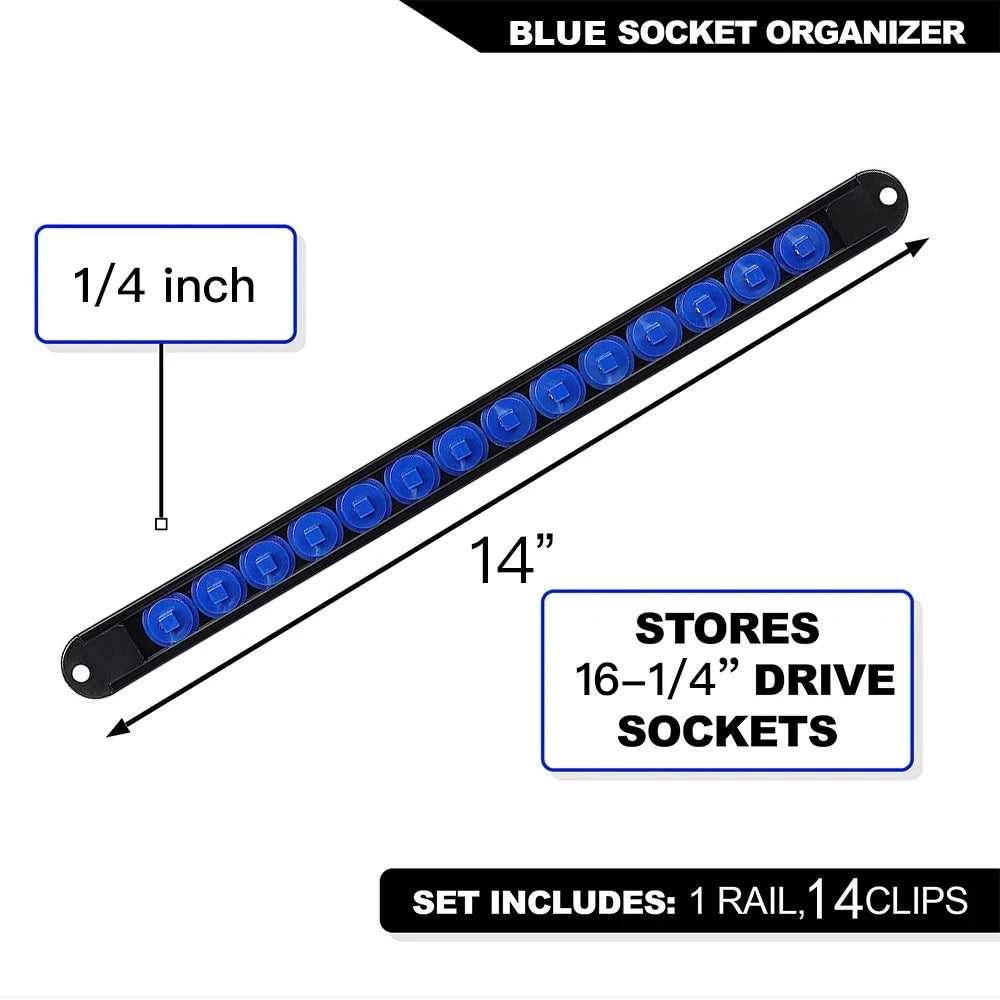 Blue socket organizer rail with 14 inches and 14 clips for storing 16-1/4 drive sockets