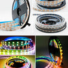 Various forms of addressable RGBW LED strip lights including coiled strips and a circular light panel.