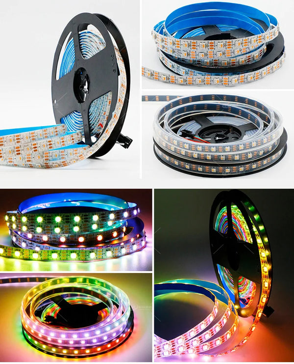 أنواع مختلفة من شرائط إضاءة LED قابلة للعنونة RGBW بما في ذلك الشرائط الملفوفة ولوحة ضوئية دائرية.