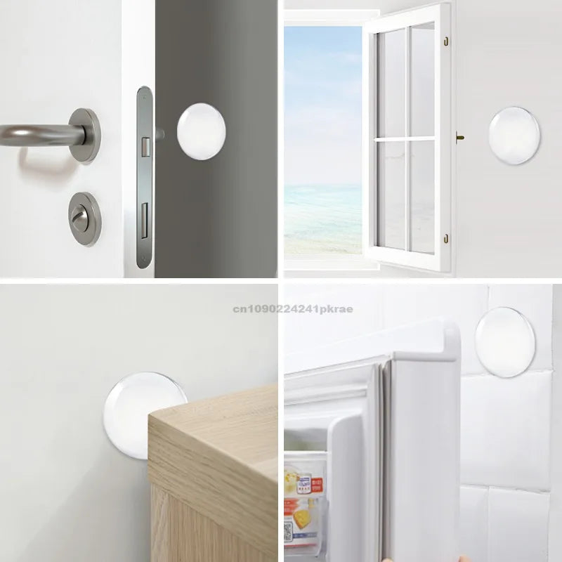 Silicone door handle bumpers installed on a white wall, showing various mounting options and door protection.