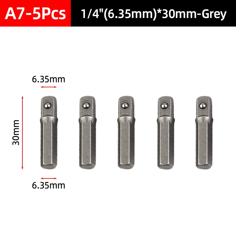 Five grey socket adapters measuring 6.35mm in diameter and 30mm in length