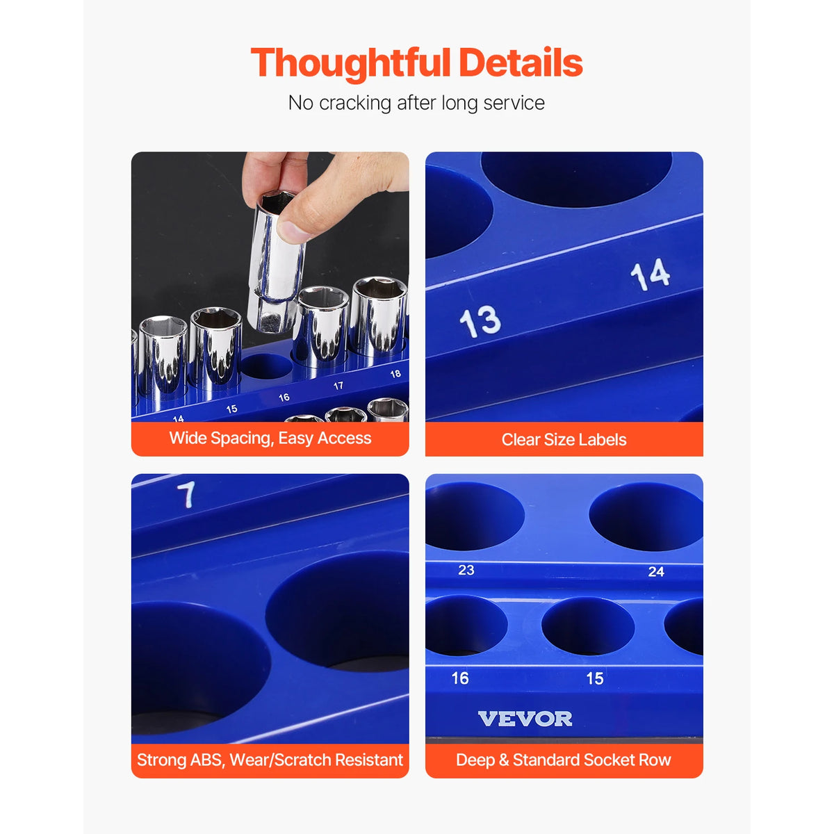 Blue magnetic socket organizer set showing various sized sockets and labels for metric and SAE tools