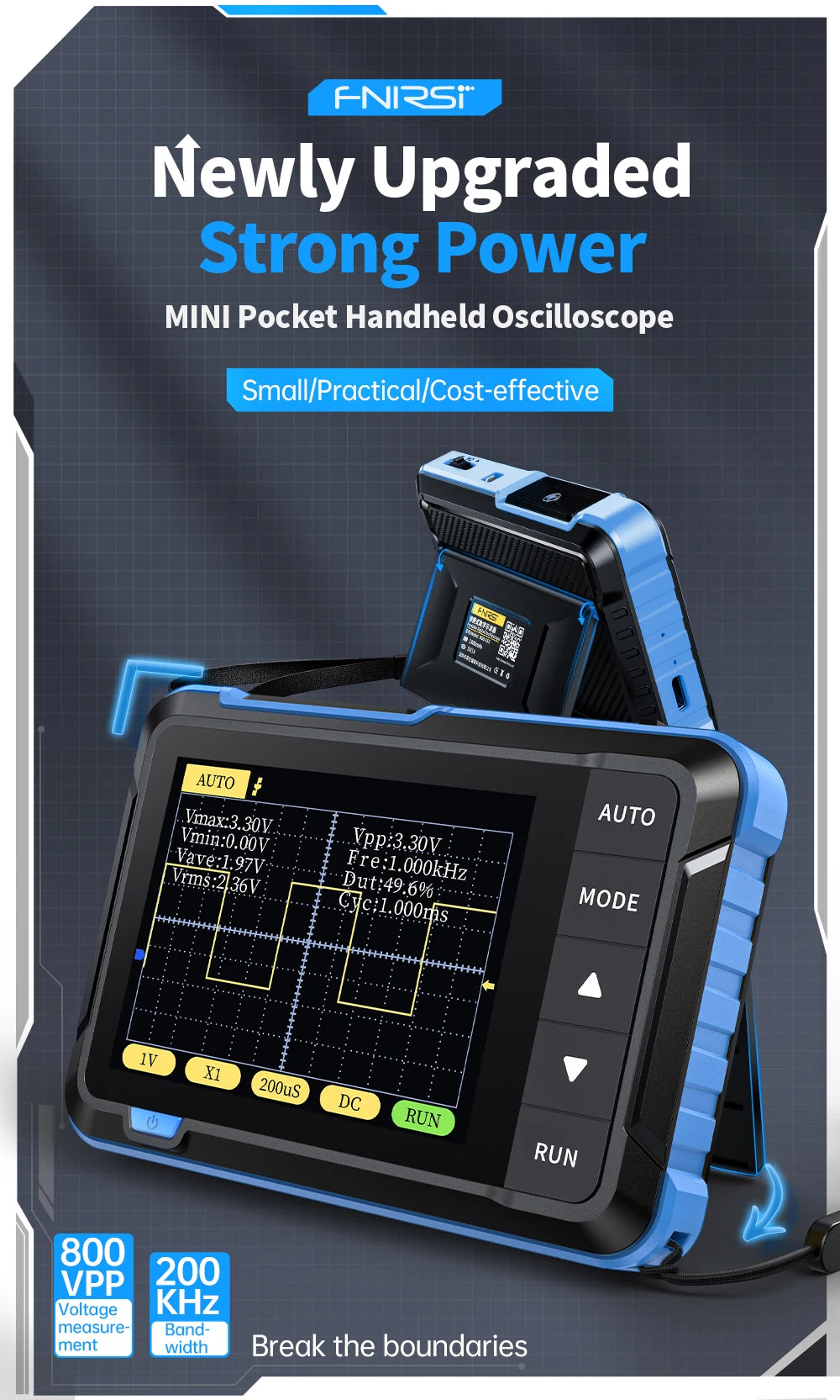 A blue mini pocket handheld oscilloscope device is shown against a dark background with technical specifications displayed on