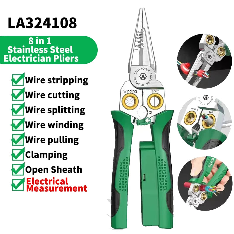 A green and silver 8-in-1 stainless steel electrician pliers set with various tools for wire stripping, cutting, and measurem