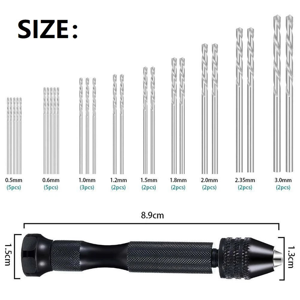 A set of precision micro drill bits with various sizes ranging from 0.5mm to 3.0mm, shown next to a measurement scale.
