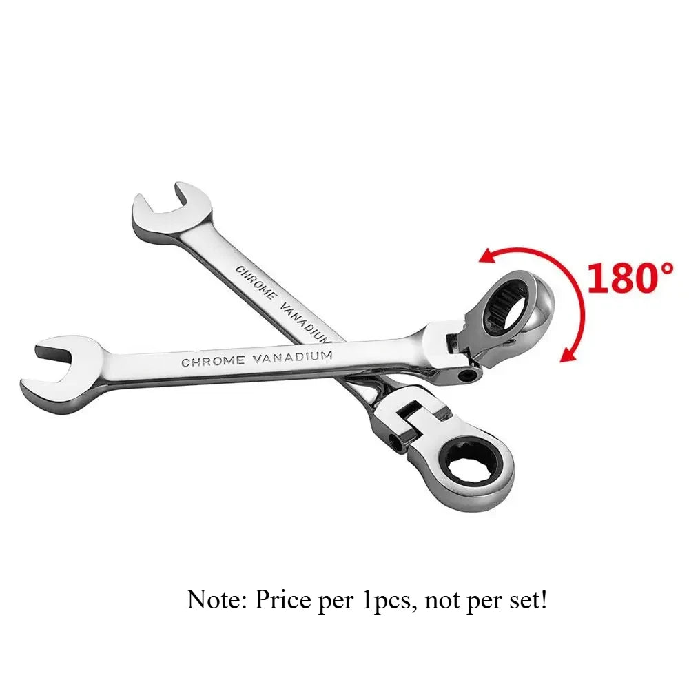 A chrome vanadium precision reversible ratchet wrench is shown with an 180 degree rotation indicator.