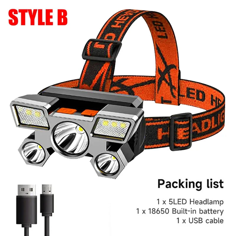 Orange and black strap headlamp with a silver housing and LED light, shown with its packing list components.