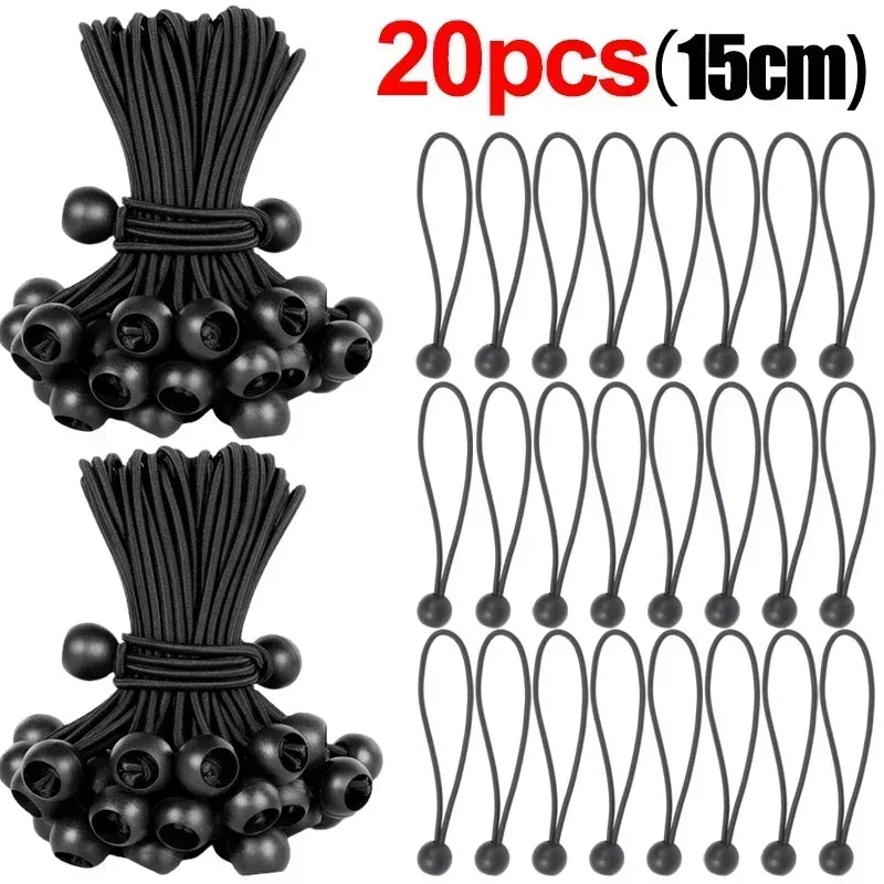 20 pieces of heavy duty elastic ball rope in black, 15 cm long for tent and tarpaulin tie-down