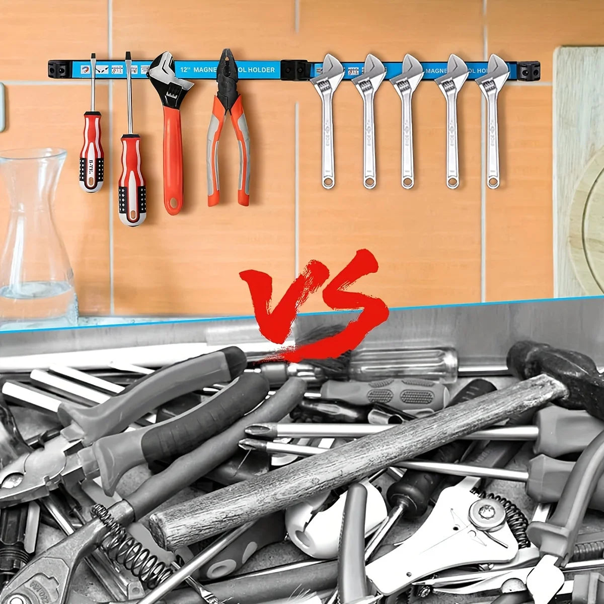 A heavy duty magnetic tool rack organizer displaying various hand tools and pliers mounted on a horizontal bar.