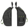 Schwarze Profi-Elektriker-Werkzeugtasche mit Reißverschlüssen und verstellbaren Riemen.