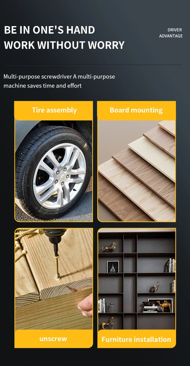 A multi-purpose screwdriver is shown performing various tasks including tire assembly, board mounting, unscrewing, and furnit