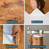 Close-up of wood grain vinyl wall contact paper showing waterproof, removable, self-adhesive, and thick durable features.