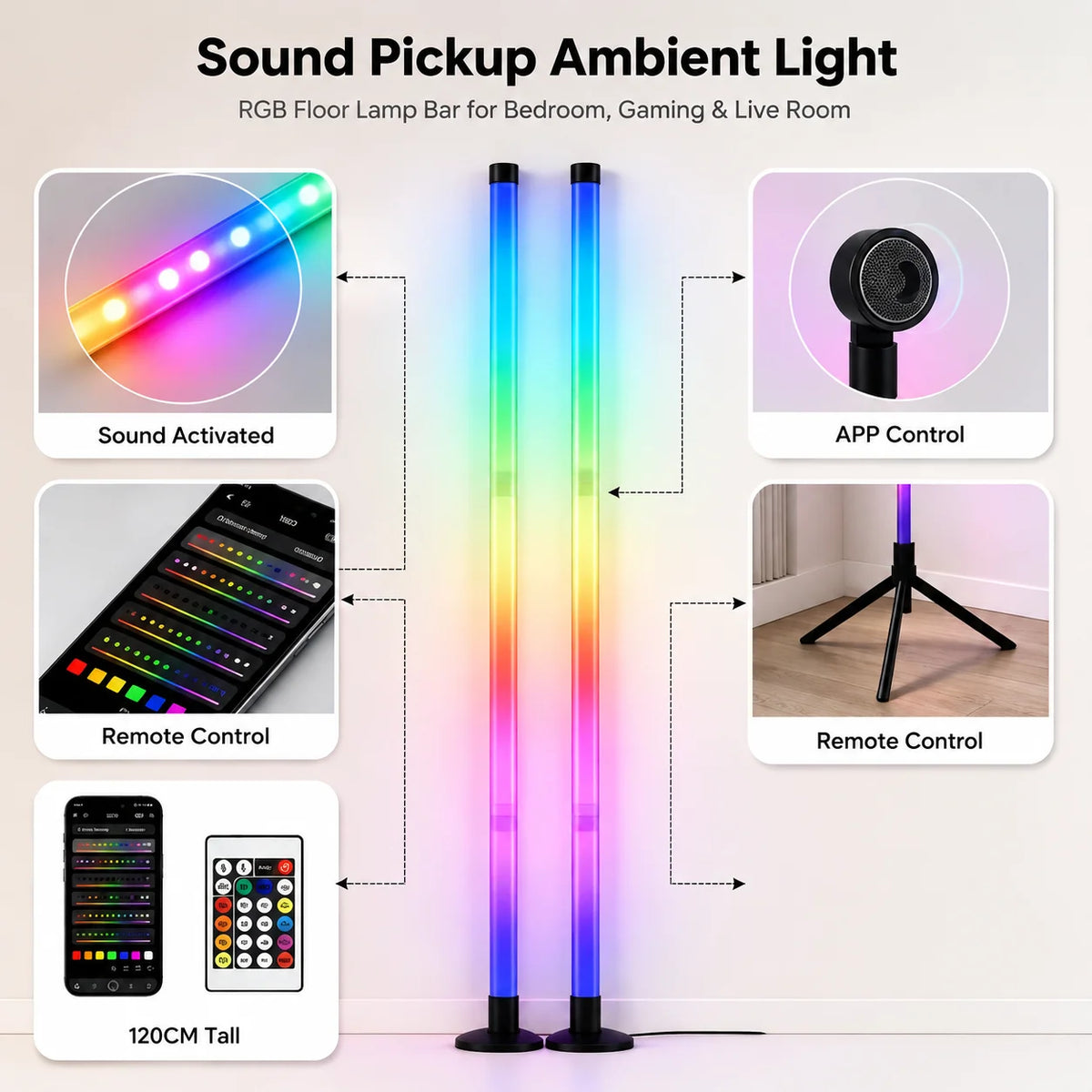 RGB floor lamp bar for bedroom or living room showing various control methods including sound activation and remote control