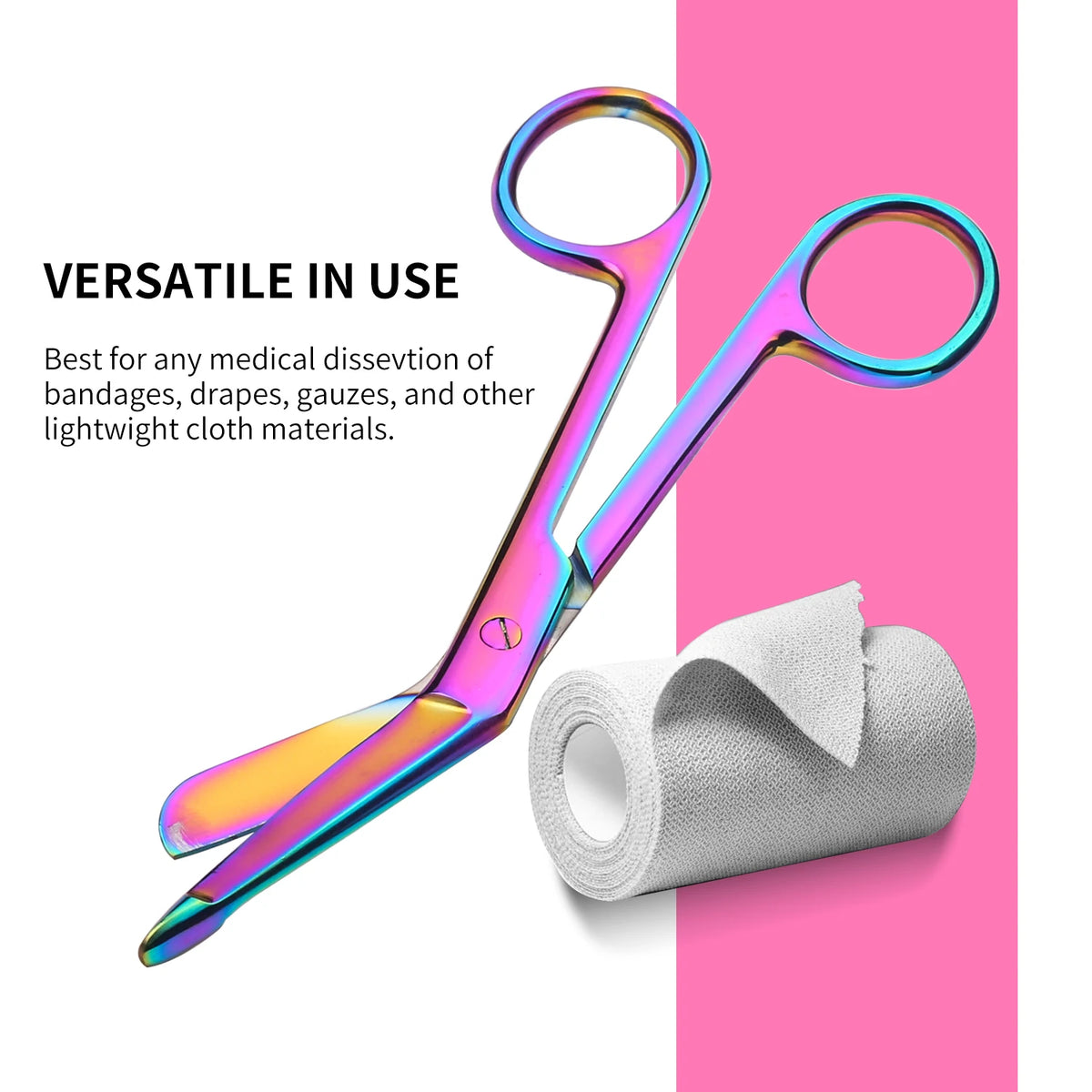 Rainbow titanium suture removal scissors shown against a pink background, demonstrating their use for medical materials.