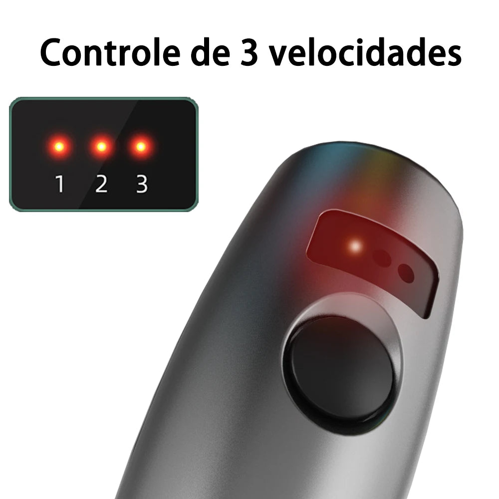 Close-up of a gray rotary tool with three illuminated speed settings labeled 1, 2, and 3.