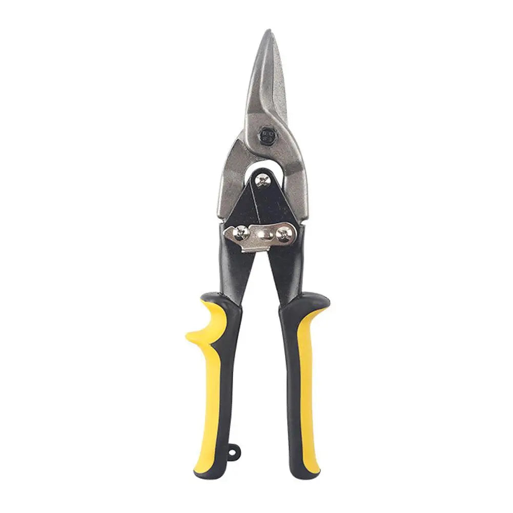 A pair of heavy duty aviation tin snips shears with black and yellow handles and a silver cutting blade.