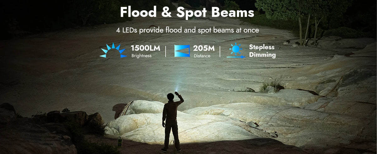 A person holds a flood and spot beam flashlight in an outdoor, rocky environment.