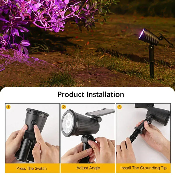 Installation guide showing how to press the switch, adjust the angle, and install the grounding tip for solar LED spot lights