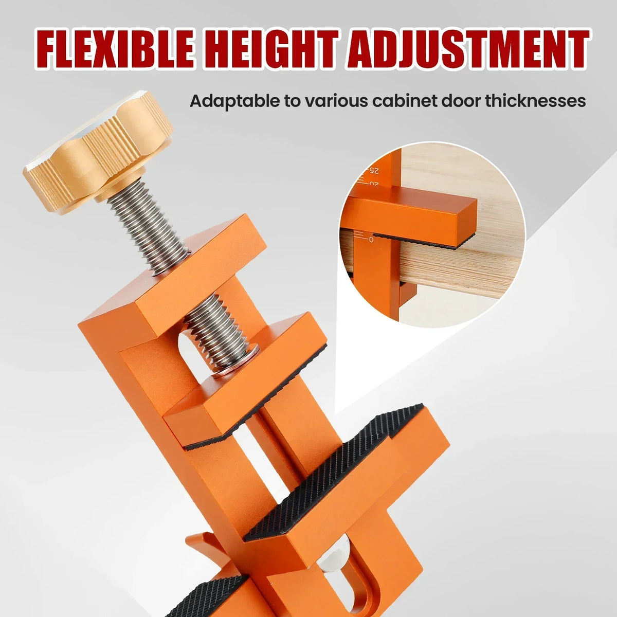 Outil orange à hauteur ajustable flexible pour installation de portes de placard, montrant un mécanisme d'ajustement.