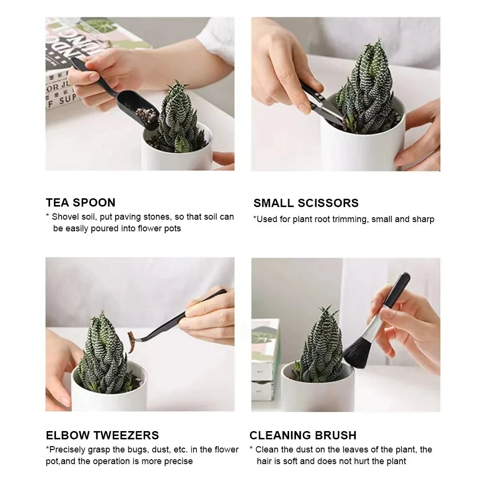 Juego de herramientas para macetas de jardín de varios tamaños, incluyendo cucharas de té, tijeras pequeñas y pinzas de codo 
