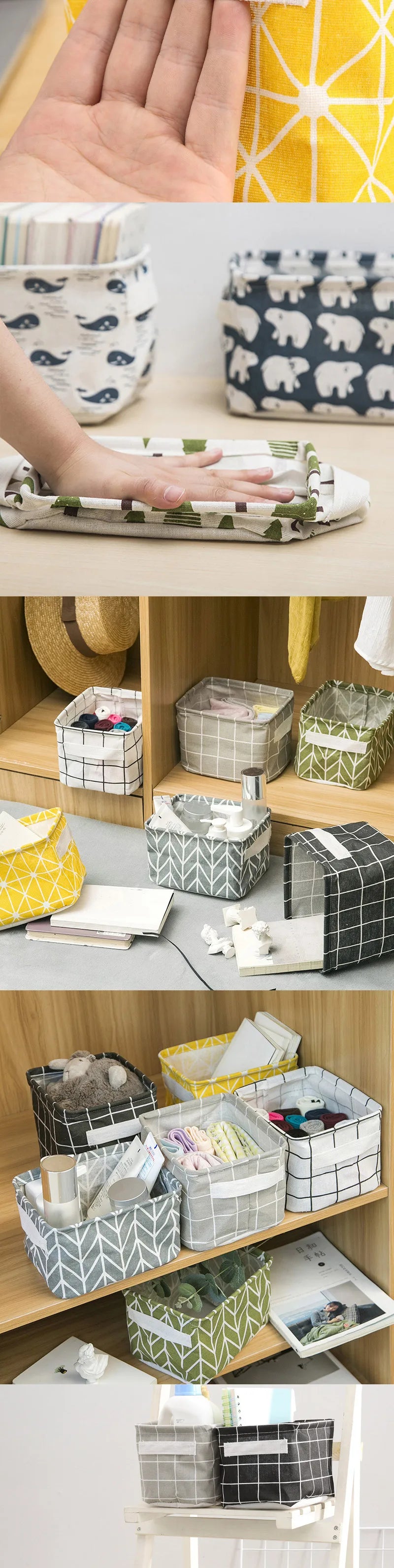 A collection of foldable linen storage baskets in various patterns and colors, including yellow, gray, and black, displayed o