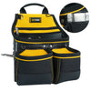 A black and yellow heavy-duty multi-pocket tool pouch with a padded flap and multiple compartments.