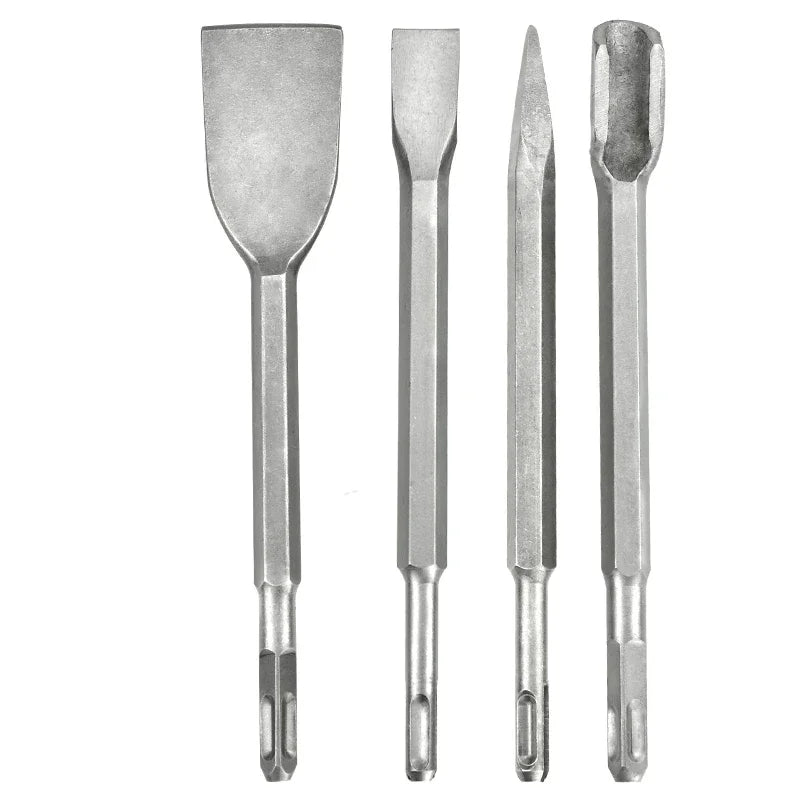 A set of impact drill bits for concrete and wall penetration, showing various sizes and shapes.